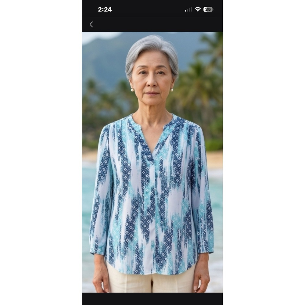 A.N.A A New Approach Blue Teal Ikat Geometric V-Neck Blouse Large